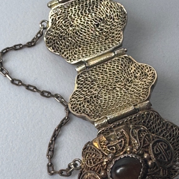 Vtg Chinese Export Bracelet Tiger's Eye Cabochon Silver Gilded Vermeil Filigree - Picture 14 of 16